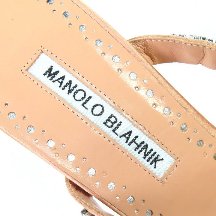 極美品△MANOLO BLAHNIK マノロブラニク VEDADAMU クリスタルビジュートリム ポインテッドトゥ サテン ミュール ピンクベージュ 37.5