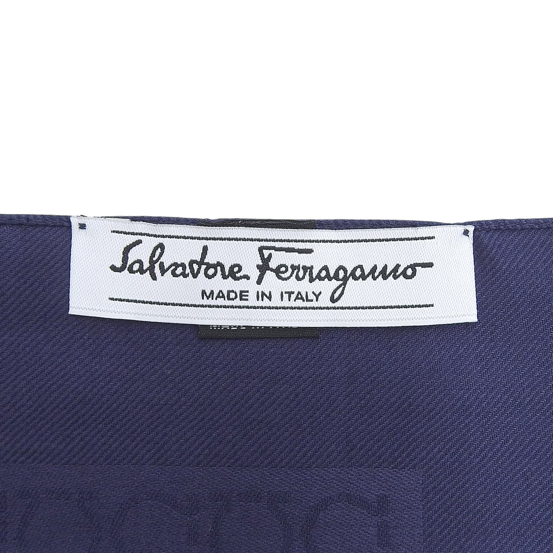 極美品▲Salvatore Ferragamo サルヴァトーレフェラガモ シルク ウール ガンチーニ柄 スカーフ ネイビー イタリア製 レディース 箱付き