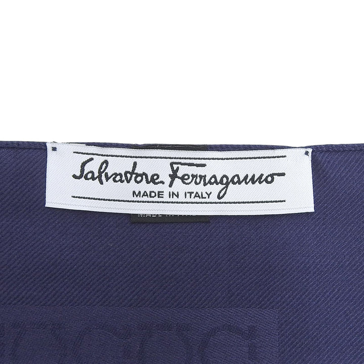 極美品▲Salvatore Ferragamo サルヴァトーレフェラガモ シルク ウール ガンチーニ柄 スカーフ ネイビー イタリア製 レディース 箱付き