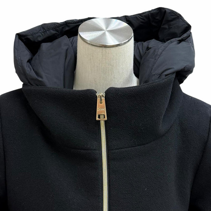 美品★Herno ヘルノ PI001564D ウール混 フード付 切替デザイン ZIP UP ダウンコート ブラック 44 イタリア製 正規品 レディース