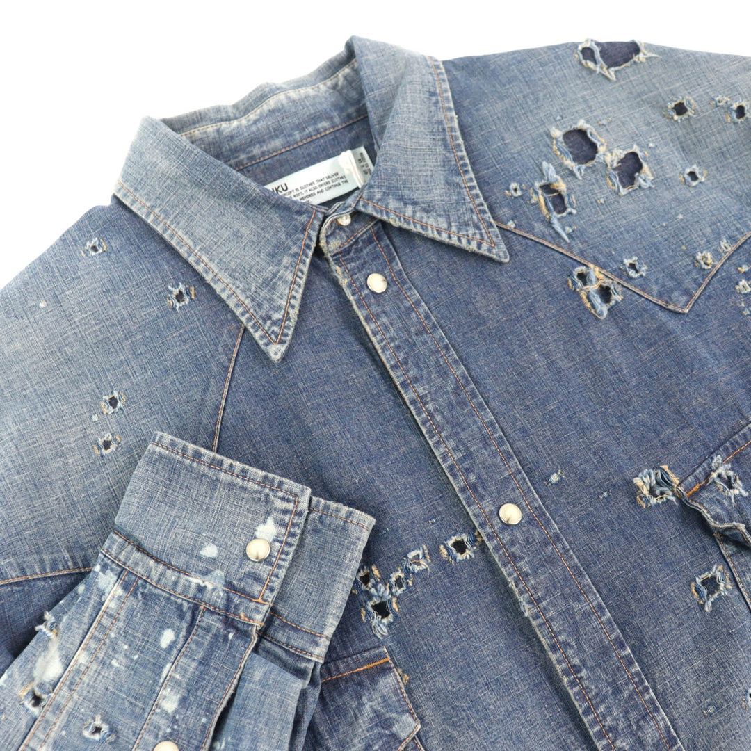 未使用品△DAIRIKU ダイリク デニム 24SS ウエスタン オーバーシャツ コットン100％ ダメージ加工 長袖シャツ インディゴ 44 L 正規品