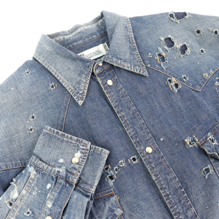 未使用品△DAIRIKU ダイリク デニム 24SS ウエスタン オーバーシャツ コットン100％ ダメージ加工 長袖シャツ インディゴ 44 L 正規品