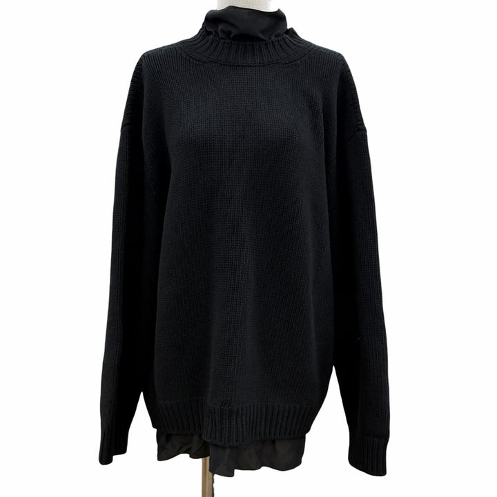 美品◇GUCCI グッチ 800434 シルク100％バックリボン カシミヤ混 ウール オーバー ニット フリルセーター 黒 S 伊製 正規品 レディース
