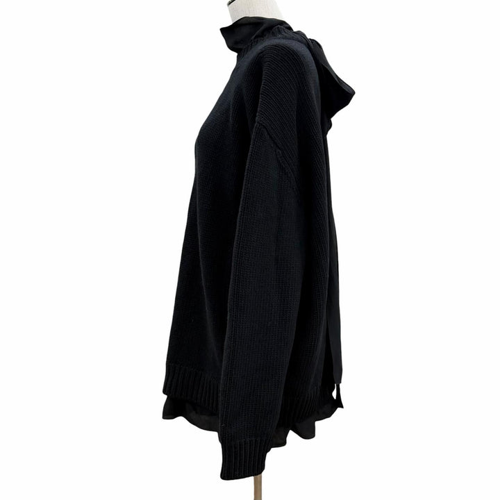 美品◇GUCCI グッチ 800434 シルク100％バックリボン カシミヤ混 ウール オーバー ニット フリルセーター 黒 S 伊製 正規品 レディース