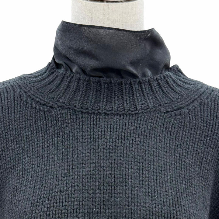 美品◇GUCCI グッチ 800434 シルク100％バックリボン カシミヤ混 ウール オーバー ニット フリルセーター 黒 S 伊製 正規品 レディース