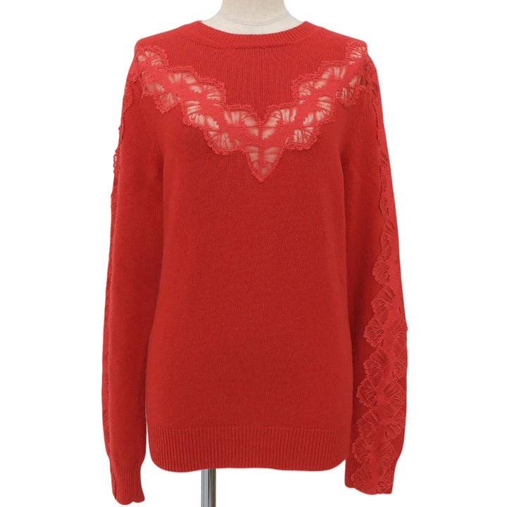 未使用品▲Stella McCartney ステラマッカートニー ウール100％ レース切替 セーター 長袖ニット レッド S イタリア製 正規品 レディース