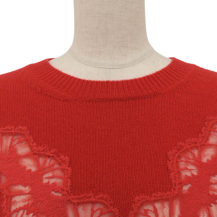 未使用品▲Stella McCartney ステラマッカートニー ウール100％ レース切替 セーター 長袖ニット レッド S イタリア製 正規品 レディース