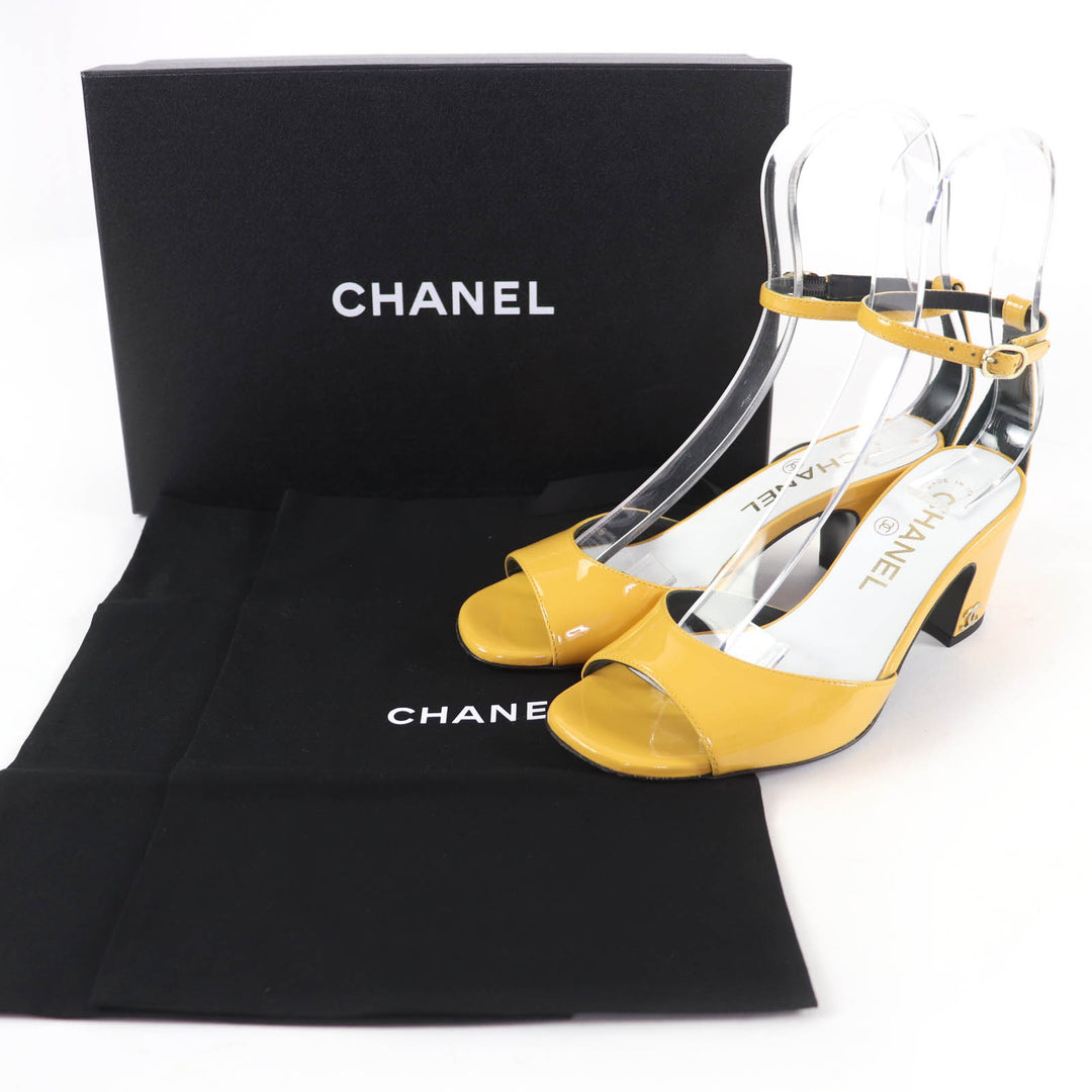 極美品☆CHANEL シャネル G45055 ココマーク アンクルストラップ パテントレザー サンダル イエロー 35 箱・保存袋付き イタリア製