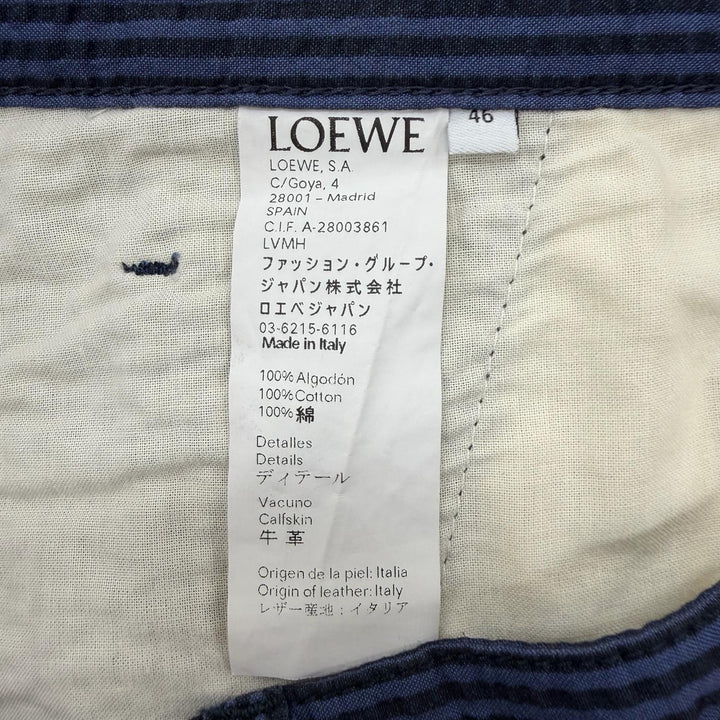 極美品▼LOEWE ロエベ フィッシャーマン サッカー生地 ストライプ レザーパッチ ボタンフライ ターンアップ スラックス パンツ 46 正規品