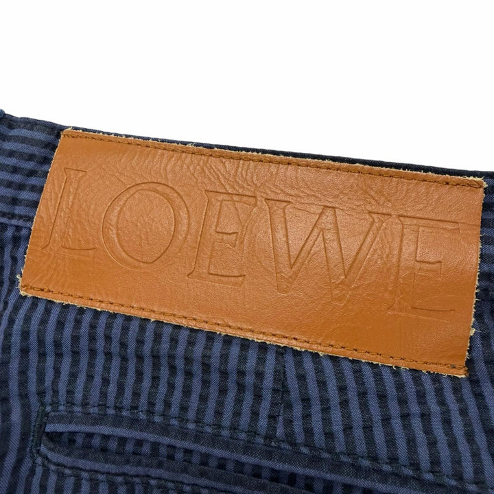 極美品▼LOEWE ロエベ フィッシャーマン サッカー生地 ストライプ レザーパッチ ボタンフライ ターンアップ スラックス パンツ 46 正規品