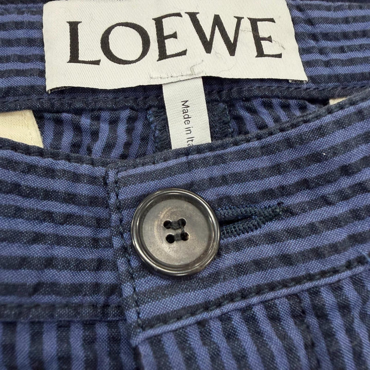 極美品▼LOEWE ロエベ フィッシャーマン サッカー生地 ストライプ レザーパッチ ボタンフライ ターンアップ スラックス パンツ 46 正規品
