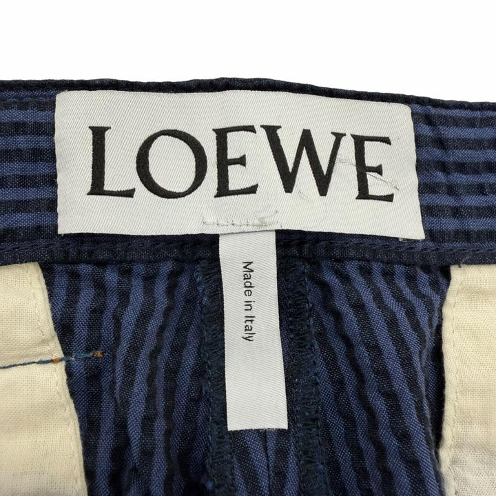 極美品▼LOEWE ロエベ フィッシャーマン サッカー生地 ストライプ レザーパッチ ボタンフライ ターンアップ スラックス パンツ 46 正規品