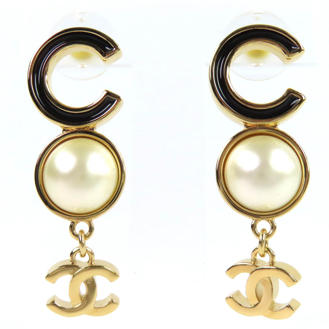 極美品△CHANEL シャネル ABE234 ココマーク COCOロゴ フェイクパール ピアス 両耳用 ゴールド ブラック イタリア製 レディース