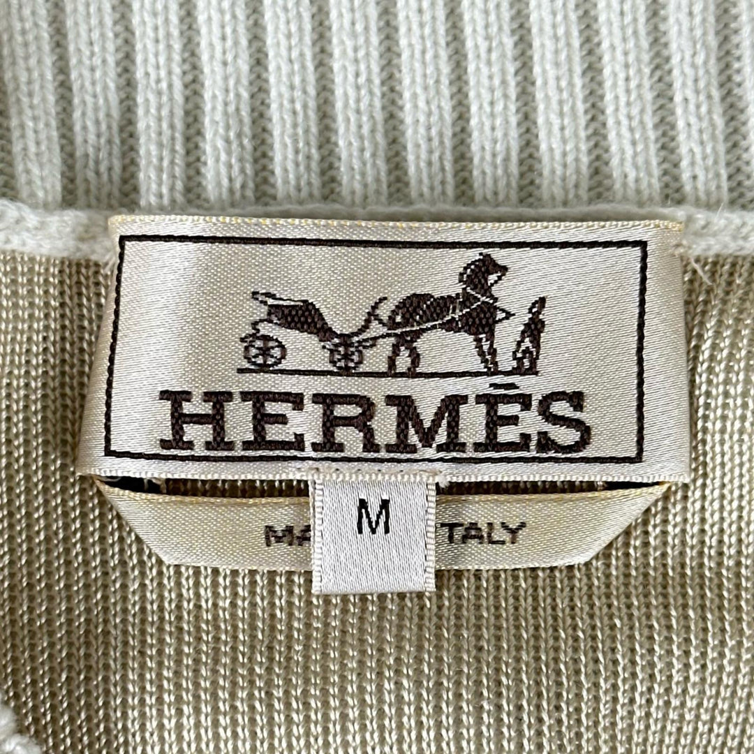 極美品▲HERMES エルメス 2023年製 Sunset et soie サンセット カシミヤ シルク リブ編 クルーネック ニット アイボリー M 正規品 メンズ