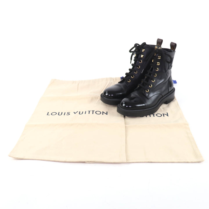 美品★LOUIS VUITTON ルイヴィトン シチズンライン LVワッペン付 モノグラム レースアップ レザー ブーツ ブラック 36 MA 1203 保存袋付