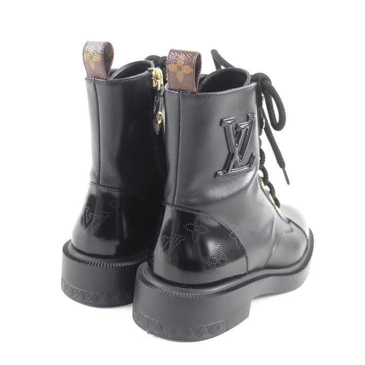 美品★LOUIS VUITTON ルイヴィトン シチズンライン LVワッペン付 モノグラム レースアップ レザー ブーツ ブラック 36 MA 1203 保存袋付