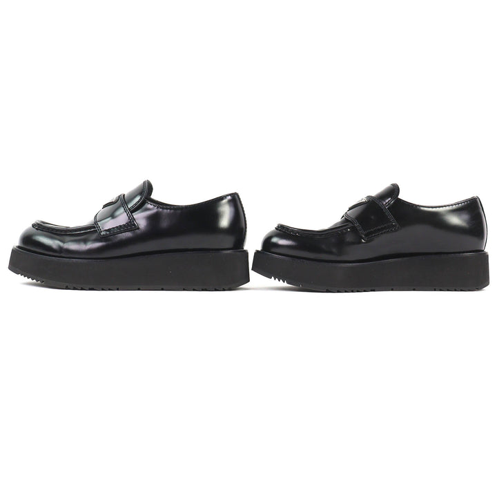 美品△PRADA プラダ 2DG147 トライアングルロゴ 三角プレート ブラッシュドレザー ローファー 厚底 ブラック 6.5 イタリア製 メンズ