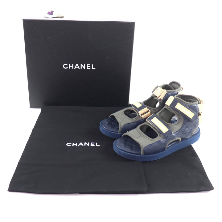 美品★CHANEL シャネル G37231 ココマーク マトラッセ ベルクロ ファブリック レザー サンダル カーキ ネイビー 39 箱・保存袋付き 伊製