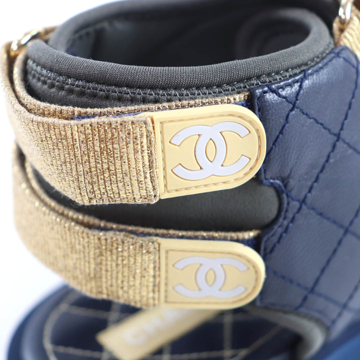 美品★CHANEL シャネル G37231 ココマーク マトラッセ ベルクロ ファブリック レザー サンダル カーキ ネイビー 39 箱・保存袋付き 伊製