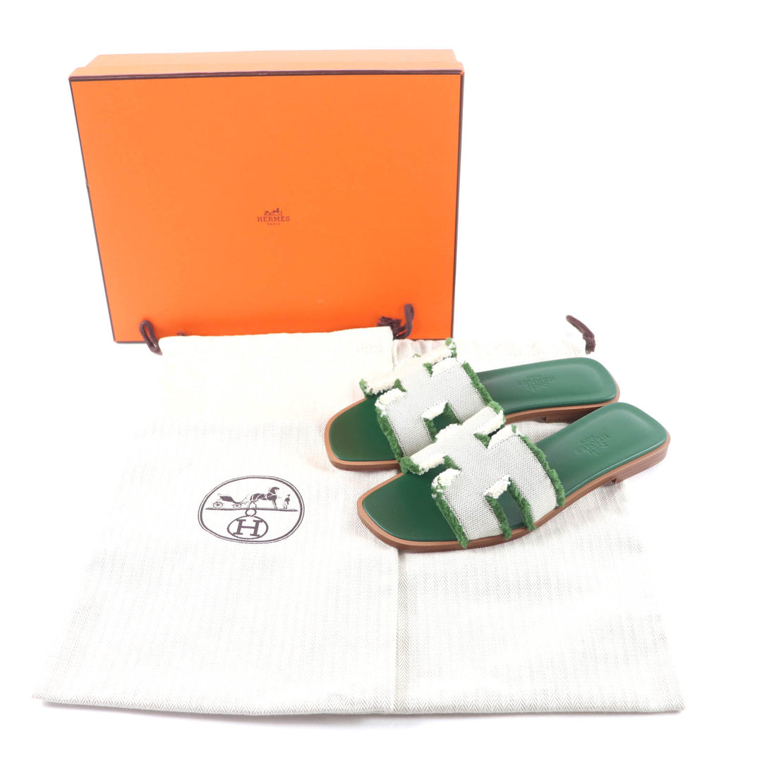 未使用品★HERMES エルメス オラン フリンジ キャンバス使い レザー サンダル グリーン 35 箱・保存袋付き イタリア製 レディース