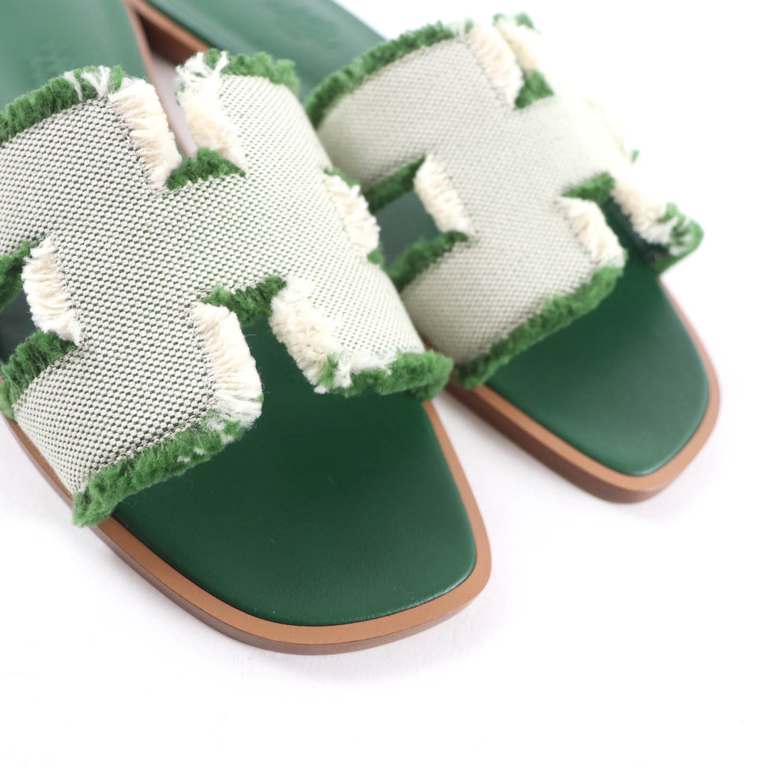 未使用品★HERMES エルメス オラン フリンジ キャンバス使い レザー サンダル グリーン 35 箱・保存袋付き イタリア製 レディース