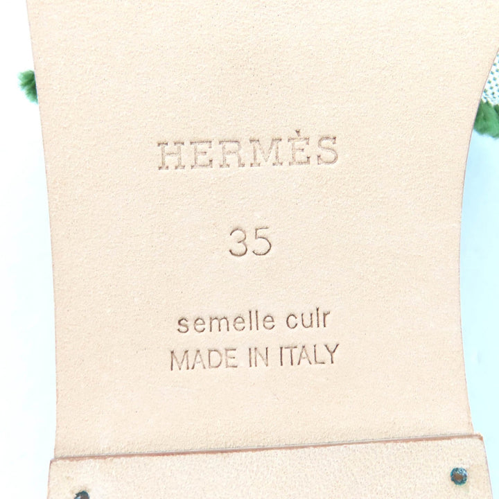 未使用品★HERMES エルメス オラン フリンジ キャンバス使い レザー サンダル グリーン 35 箱・保存袋付き イタリア製 レディース