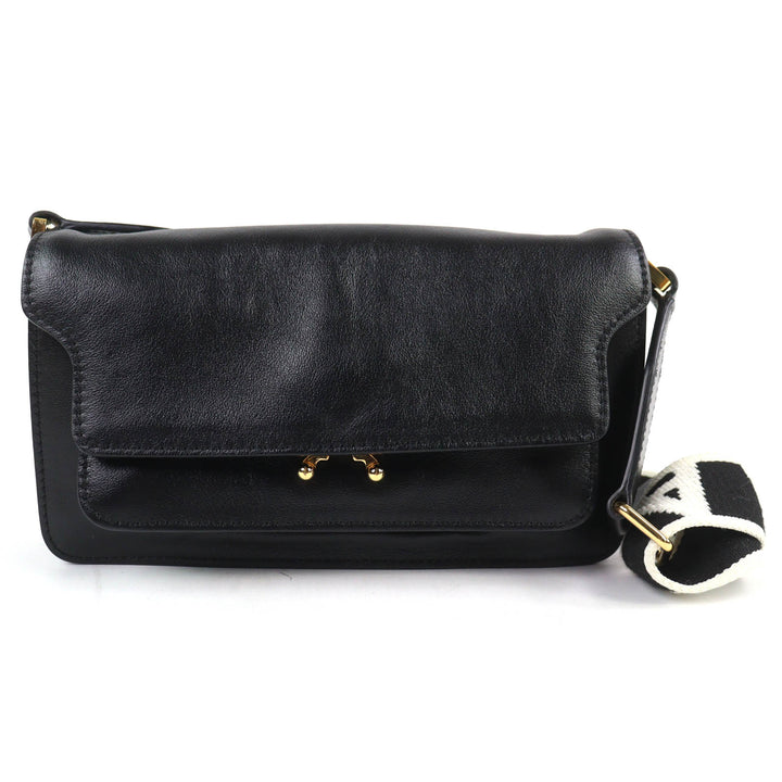 極美品△MARNI マルニ SBMP0124Q6 TRUNK SOFT EW レザー ロゴ ショルダーバッグ ブラック ゴールド金具 保存袋付 イタリア製 レディース