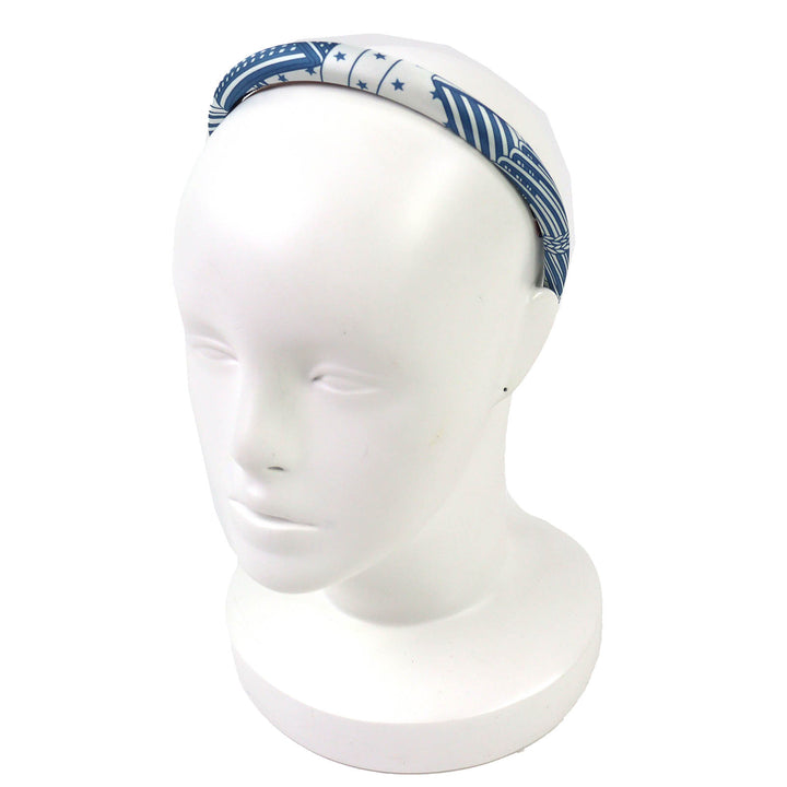 極美品△HERMES エルメス ジナ ジグザグ シルク スター ヘアバンド ヘアアクセサリー カチューシャ ブルー ホワイト 箱付き フランス製