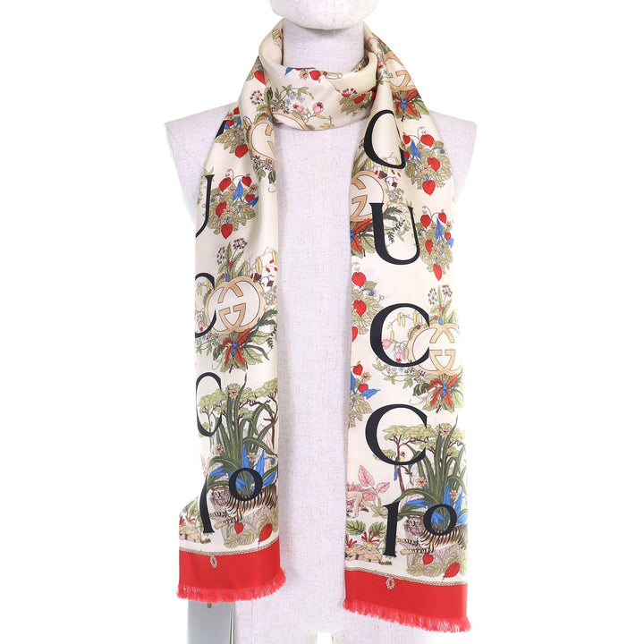 未使用品△GUCCI グッチ 692033 シルク 100周年記念 インターロッキングG ロゴ 花柄 ミニフリンジ スカーフ アイボリー レッド系 正規品