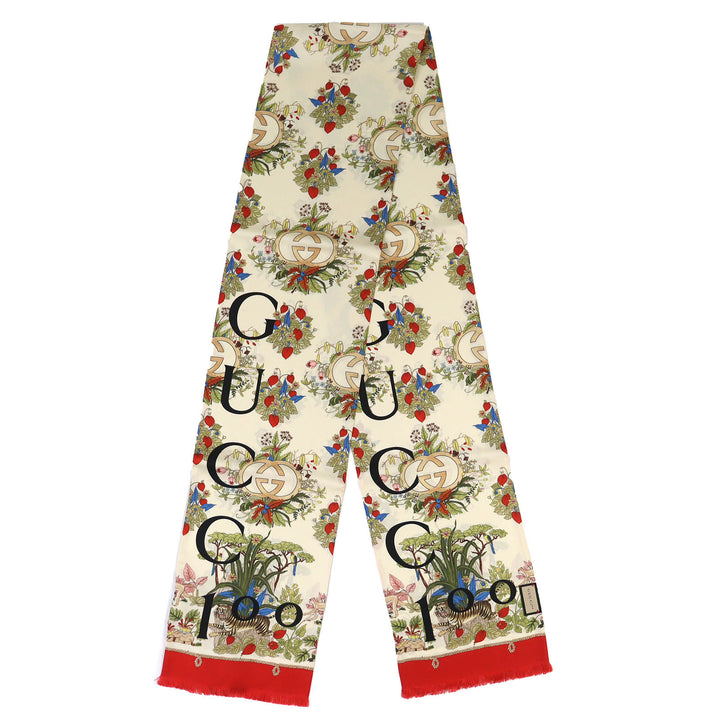 未使用品△GUCCI グッチ 692033 シルク 100周年記念 インターロッキングG ロゴ 花柄 ミニフリンジ スカーフ アイボリー レッド系 正規品