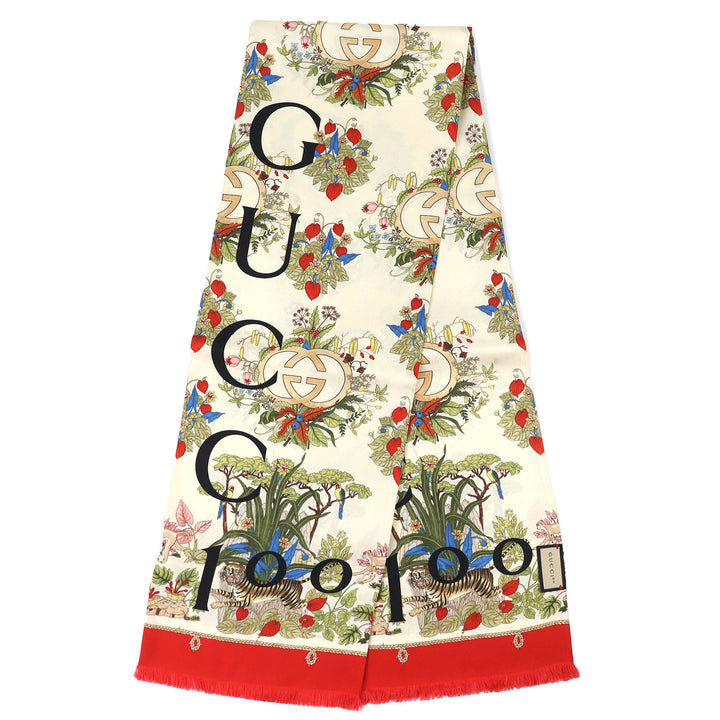 未使用品△GUCCI グッチ 692033 シルク 100周年記念 インターロッキングG ロゴ 花柄 ミニフリンジ スカーフ アイボリー レッド系 正規品