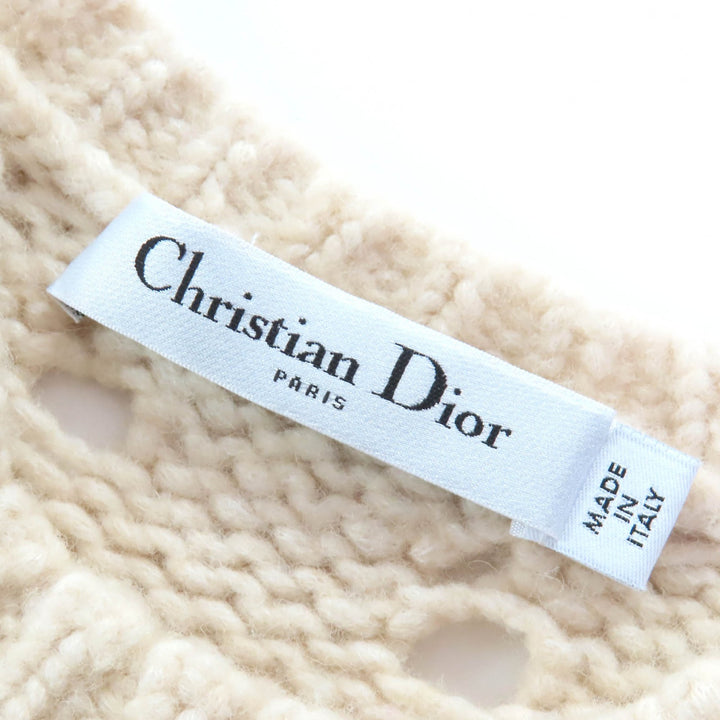 美品△Christian Dior クリスチャンディオール 154S36AM309 ウール キャメル ショートスリーブ クロシェ ニット ベージュ 40 伊製 正規品