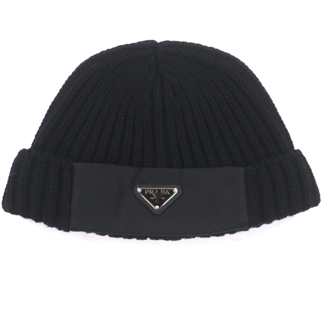 美品▼PRADA プラダ UMD446 トライアングルロゴ 三角プレート RE-NYLON 帽子 ビーニー ニットキャップ ブラック シルバー金具 L 正規品