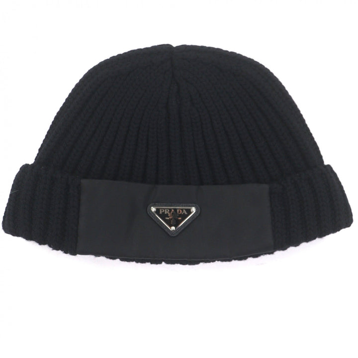 美品▼PRADA プラダ UMD446 トライアングルロゴ 三角プレート RE-NYLON 帽子 ビーニー ニットキャップ ブラック シルバー金具 L 正規品