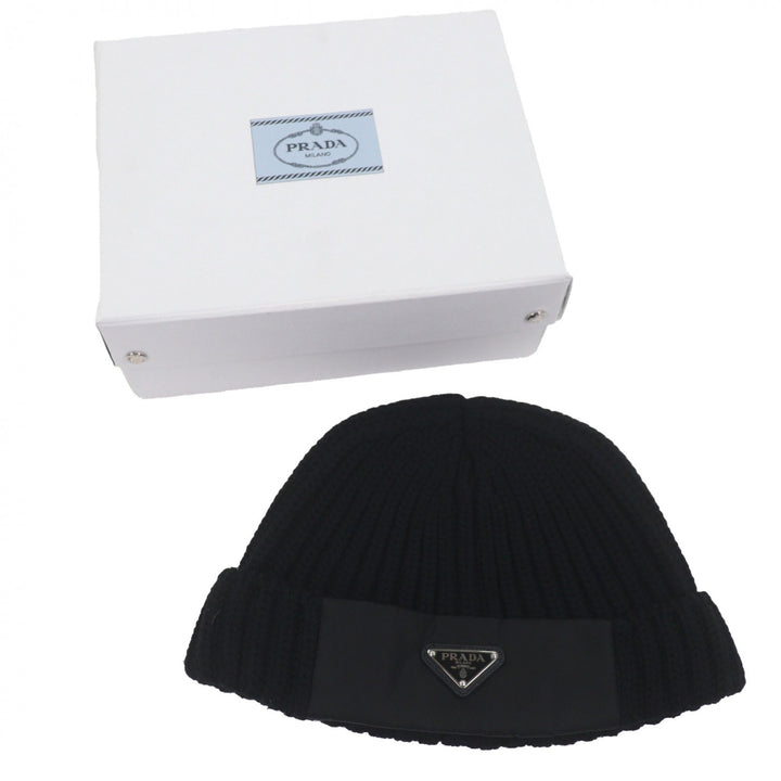 美品▼PRADA プラダ UMD446 トライアングルロゴ 三角プレート RE-NYLON 帽子 ビーニー ニットキャップ ブラック シルバー金具 L 正規品