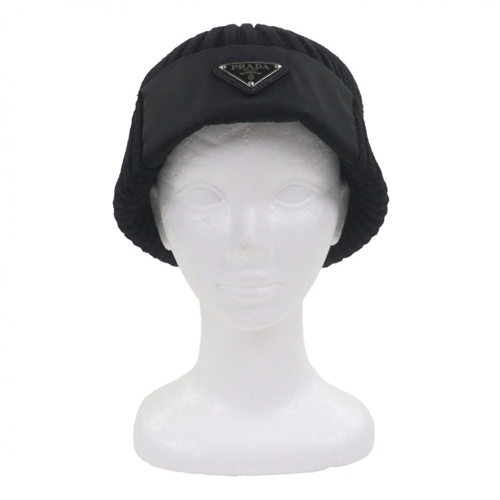 美品▼PRADA プラダ UMD446 トライアングルロゴ 三角プレート RE-NYLON 帽子 ビーニー ニットキャップ ブラック シルバー金具 L 正規品