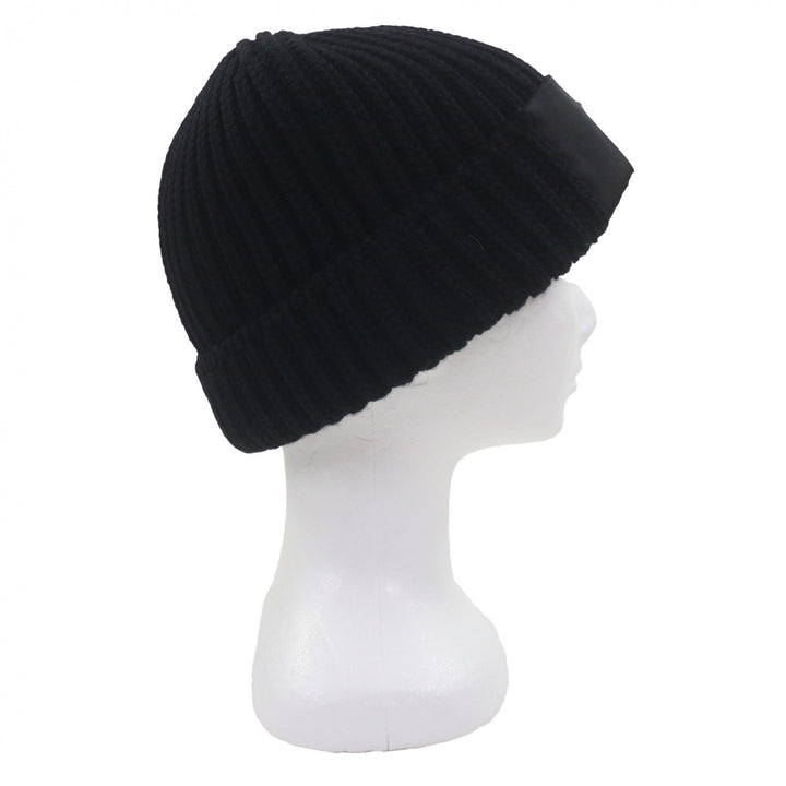 美品▼PRADA プラダ UMD446 トライアングルロゴ 三角プレート RE-NYLON 帽子 ビーニー ニットキャップ ブラック シルバー金具 L 正規品