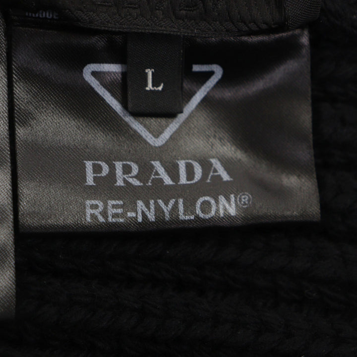 美品▼PRADA プラダ UMD446 トライアングルロゴ 三角プレート RE-NYLON 帽子 ビーニー ニットキャップ ブラック シルバー金具 L 正規品