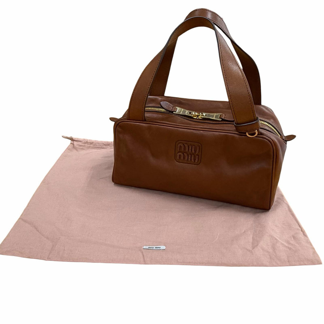 極美品▼MIUMIU ミュウミュウ アンティークレザー ロゴ トップハンドルバッグ ハンドバッグ ブラウン 保存袋付 伊製 メンズ 定価473000円
