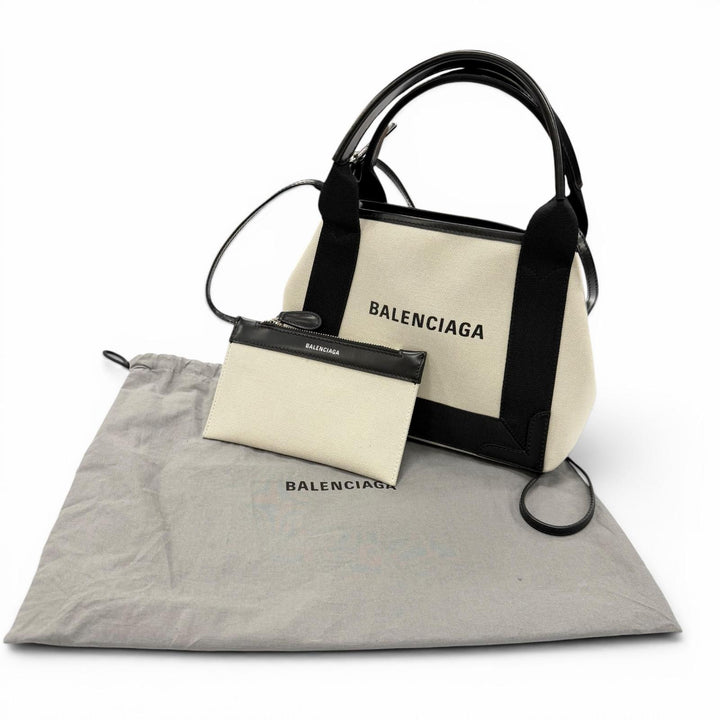 美品▼BALENCIAGA バレンシアガ 390346 Navy カバ XS キャンバス レザー ショルダーバッグ ナチュラル ブラック レディース 保存袋付き