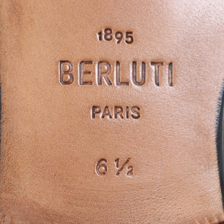 未使用品▼BERLUTI ベルルッティ 2022年製 ラピエセルプリゼ カリグラフィ 純正シューツリー付き レザーシューズ ローファー ブルー 6.5
