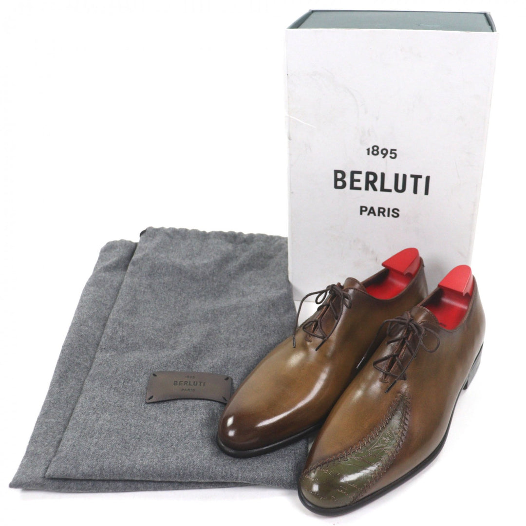 未使用品▼BERLUTI ベルルッティ 2022年製 ラピエセルプリゼ カリグラフィ プレーントゥ 純正シューツリー付 レザーシューズ カーキ 6.5