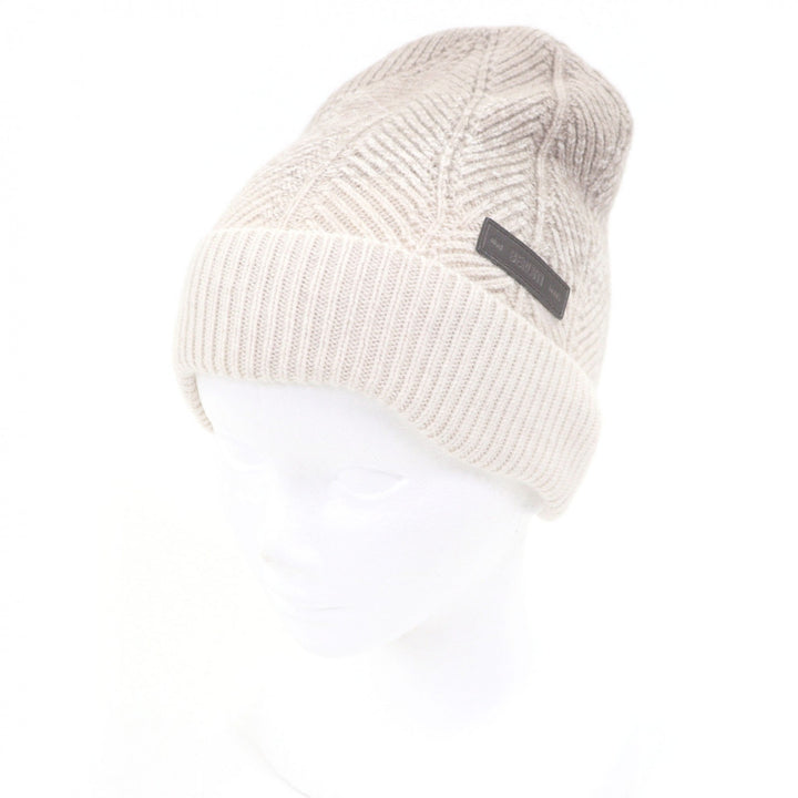 極美品□BERLUTI ベルルッティ カシミヤ100％ バイカラー ロゴレザーワッペン ニットキャップ ベージュ 箱付き イタリア製 正規品 メンズ