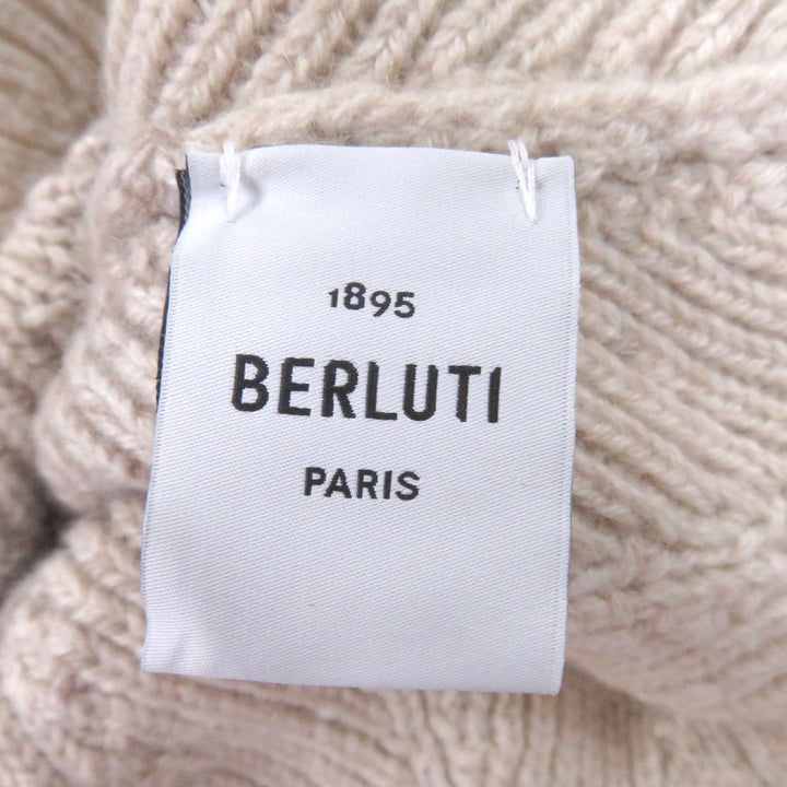 極美品□BERLUTI ベルルッティ カシミヤ100％ バイカラー ロゴレザーワッペン ニットキャップ ベージュ 箱付き イタリア製 正規品 メンズ