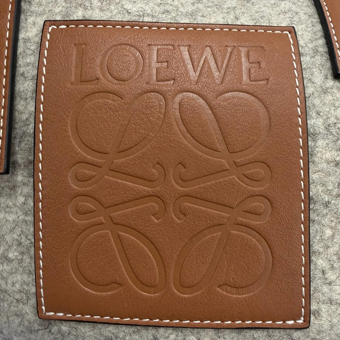 極美品▼LOEWE ロエベ フェルト レザー エレファント バスケット アナグラムロゴ ハンドバッグ グレー ブラウン スペイン製 レディース