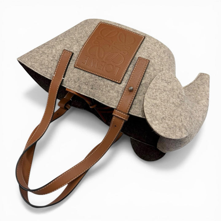 極美品▼LOEWE ロエベ フェルト レザー エレファント バスケット アナグラムロゴ ハンドバッグ グレー ブラウン スペイン製 レディース