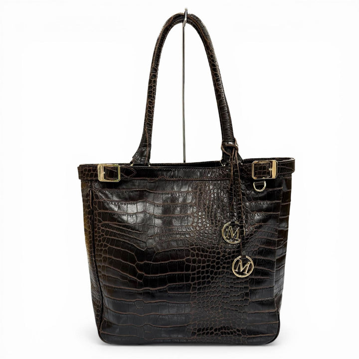 美品◇Max Mara マックスマーラ クロコエンボス ベルトデザイン チャーム付 レザー トートバッグ ブラウン ゴールド金具 伊製 レディース