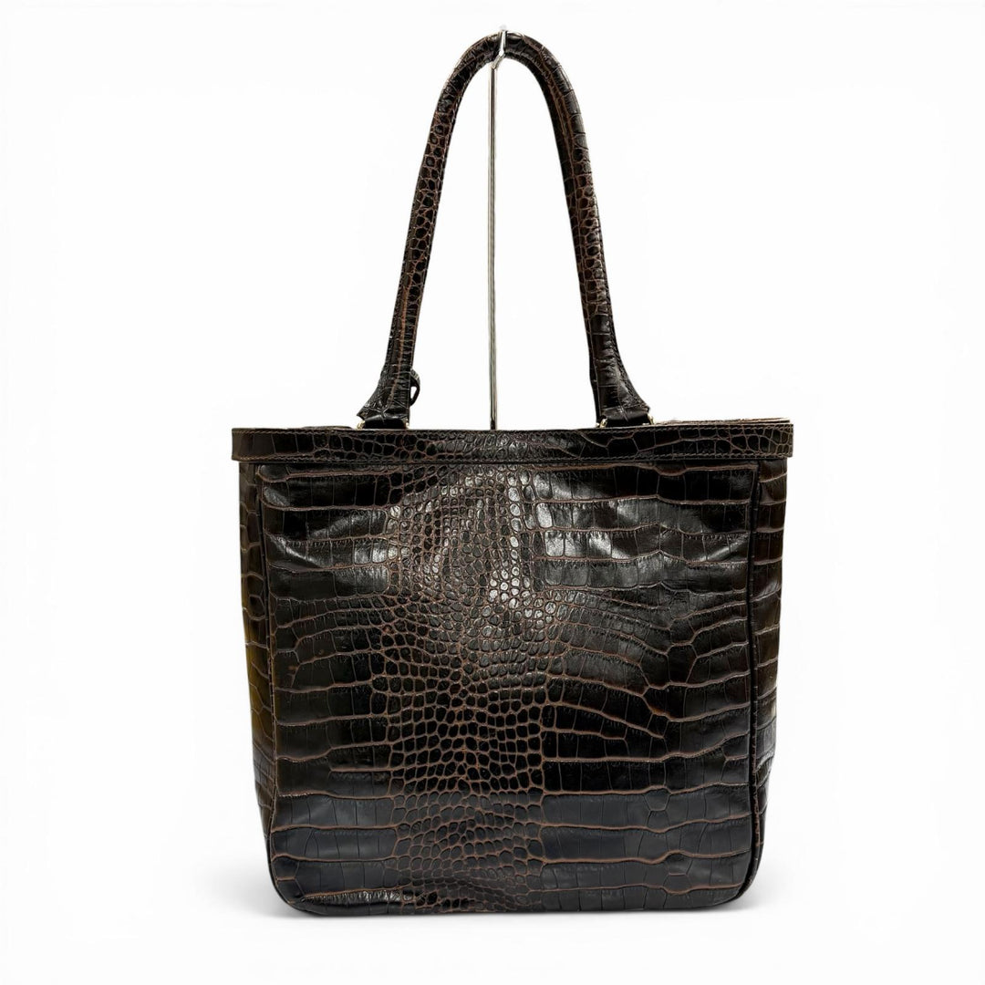美品◇Max Mara マックスマーラ クロコエンボス ベルトデザイン チャーム付 レザー トートバッグ ブラウン ゴールド金具 伊製 レディース