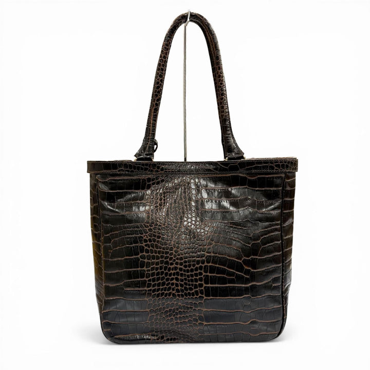 美品◇Max Mara マックスマーラ クロコエンボス ベルトデザイン チャーム付 レザー トートバッグ ブラウン ゴールド金具 伊製 レディース