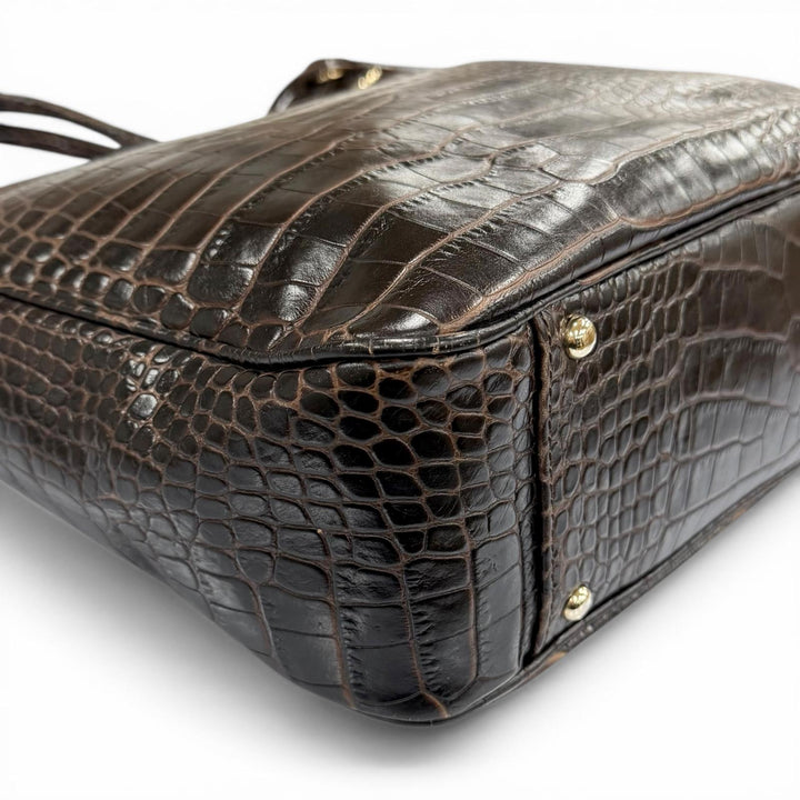 美品◇Max Mara マックスマーラ クロコエンボス ベルトデザイン チャーム付 レザー トートバッグ ブラウン ゴールド金具 伊製 レディース